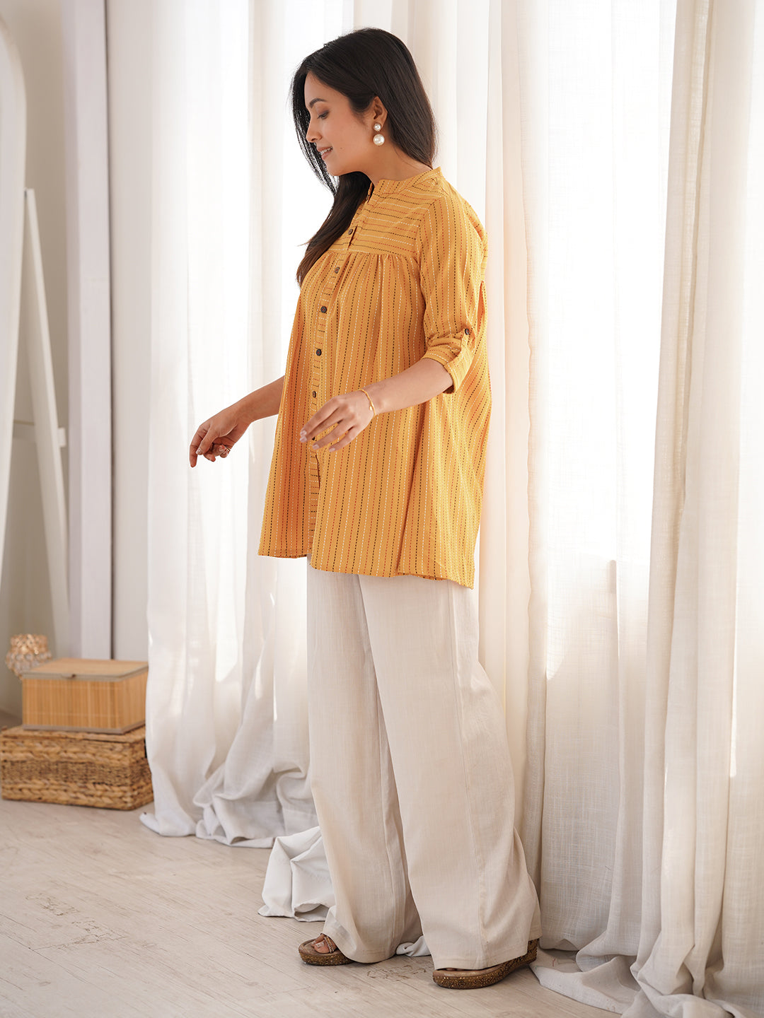 Janasya Women's Mustard Cotton Woven Design Gathered Tunic
