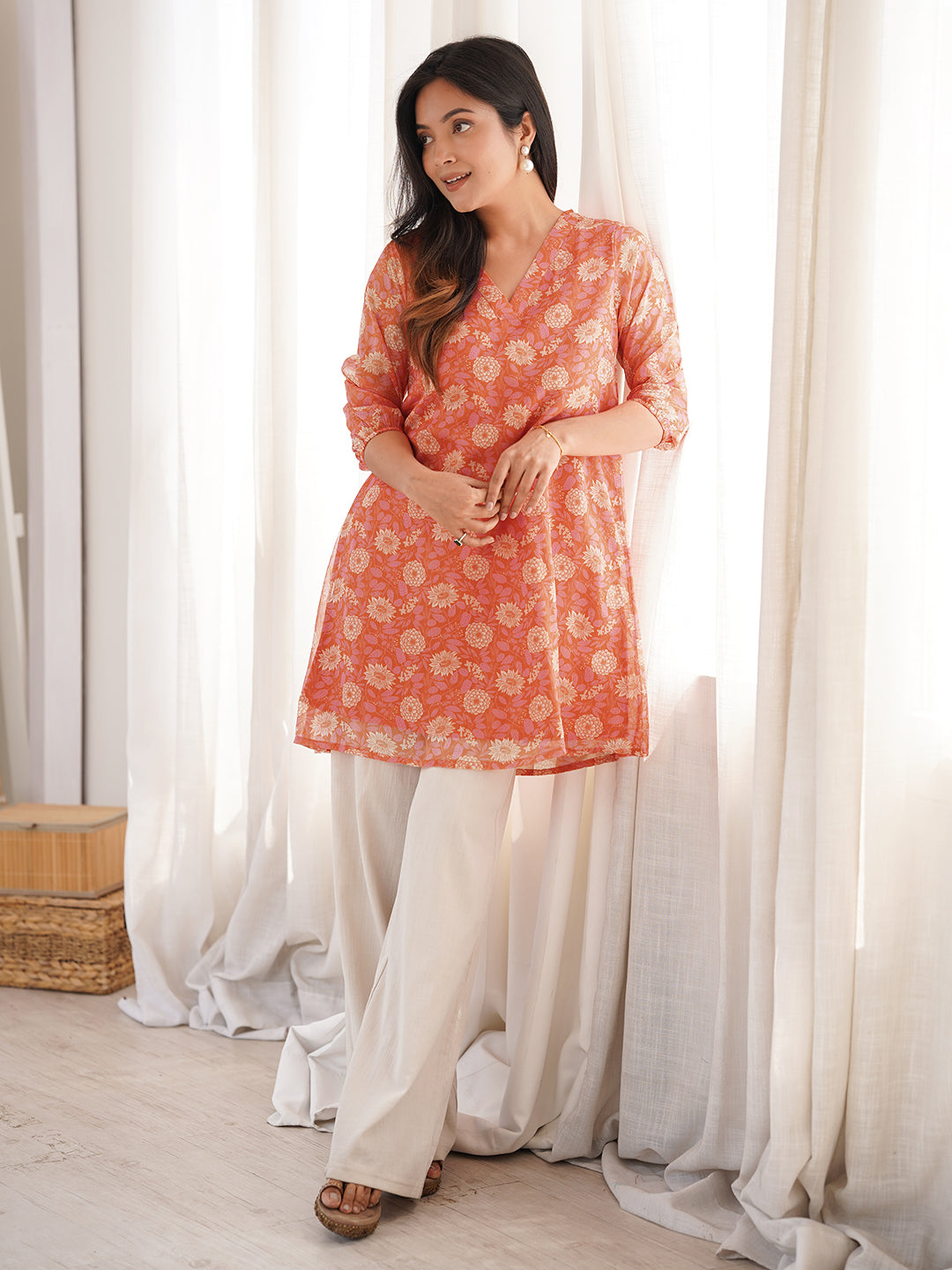 Orange Georgette Floral Tunic