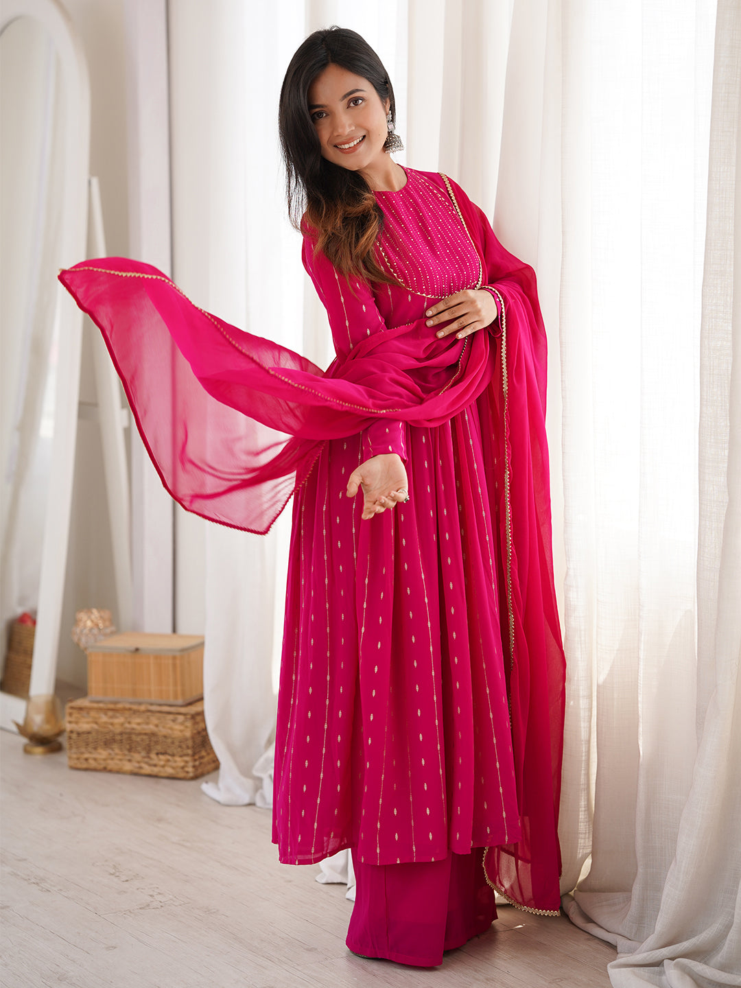 Pink Georgette Foil Printed Anarkali Kurta Set