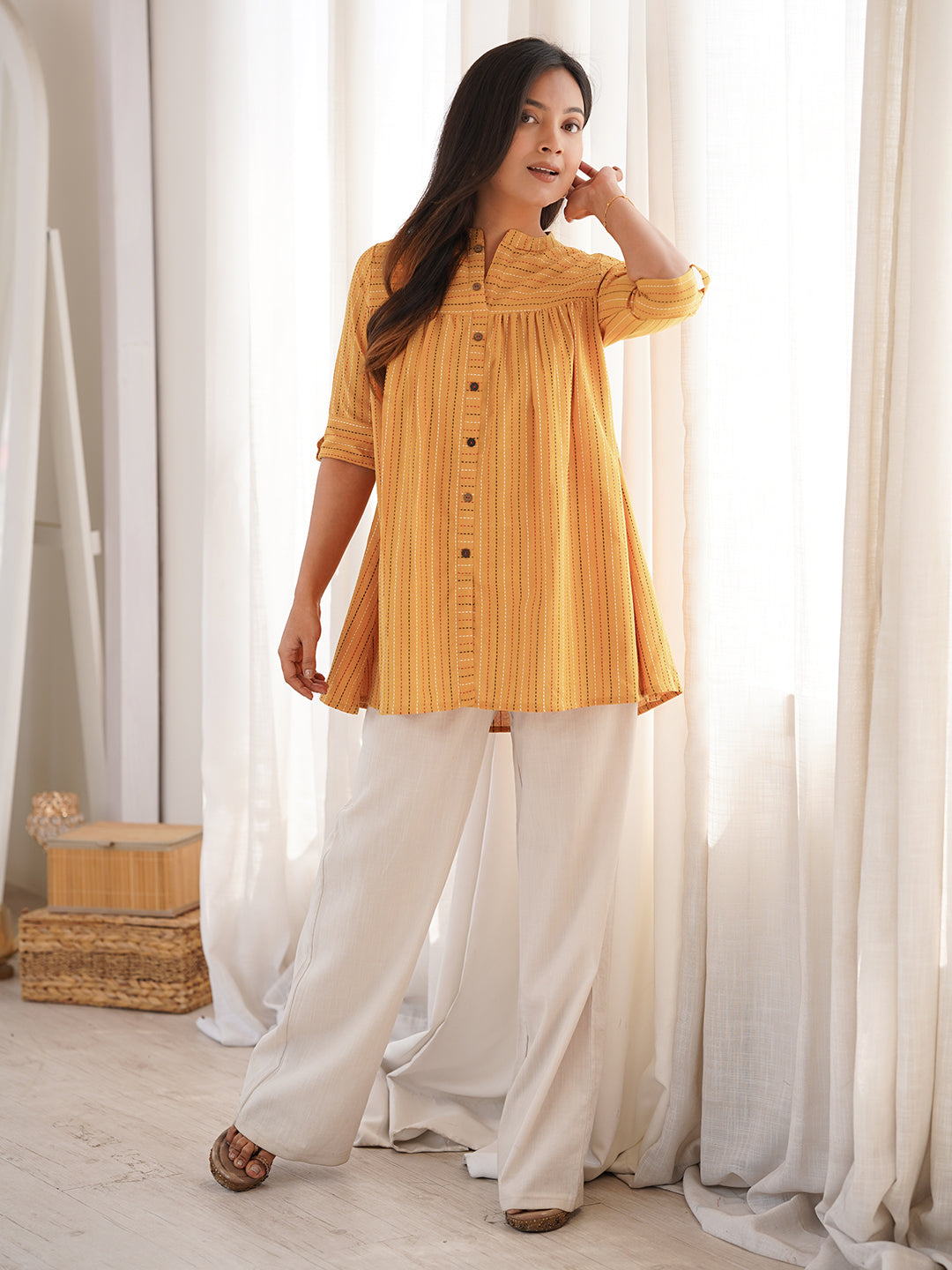 Janasya Women's Mustard Cotton Woven Design Gathered Tunic