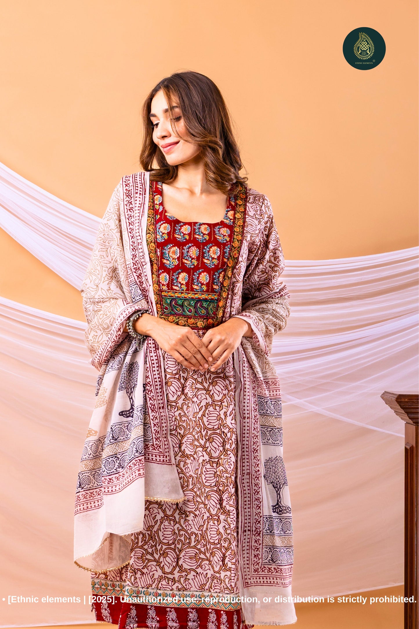 Embroidered Bagh Print Cotton Stitched 3pc Suit Set - Riwaaz