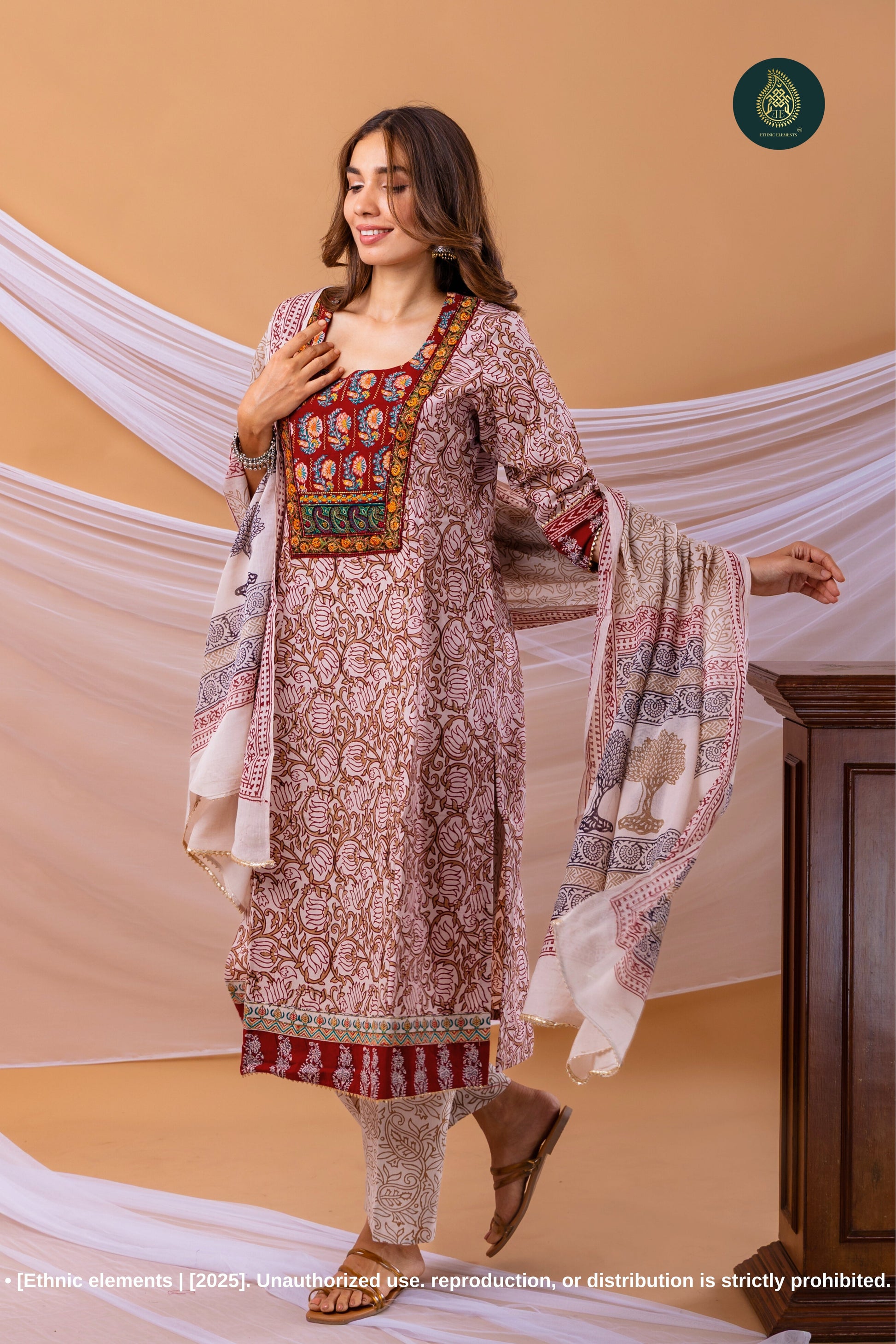 Embroidered Bagh Print Cotton Stitched 3pc Suit Set - Riwaaz