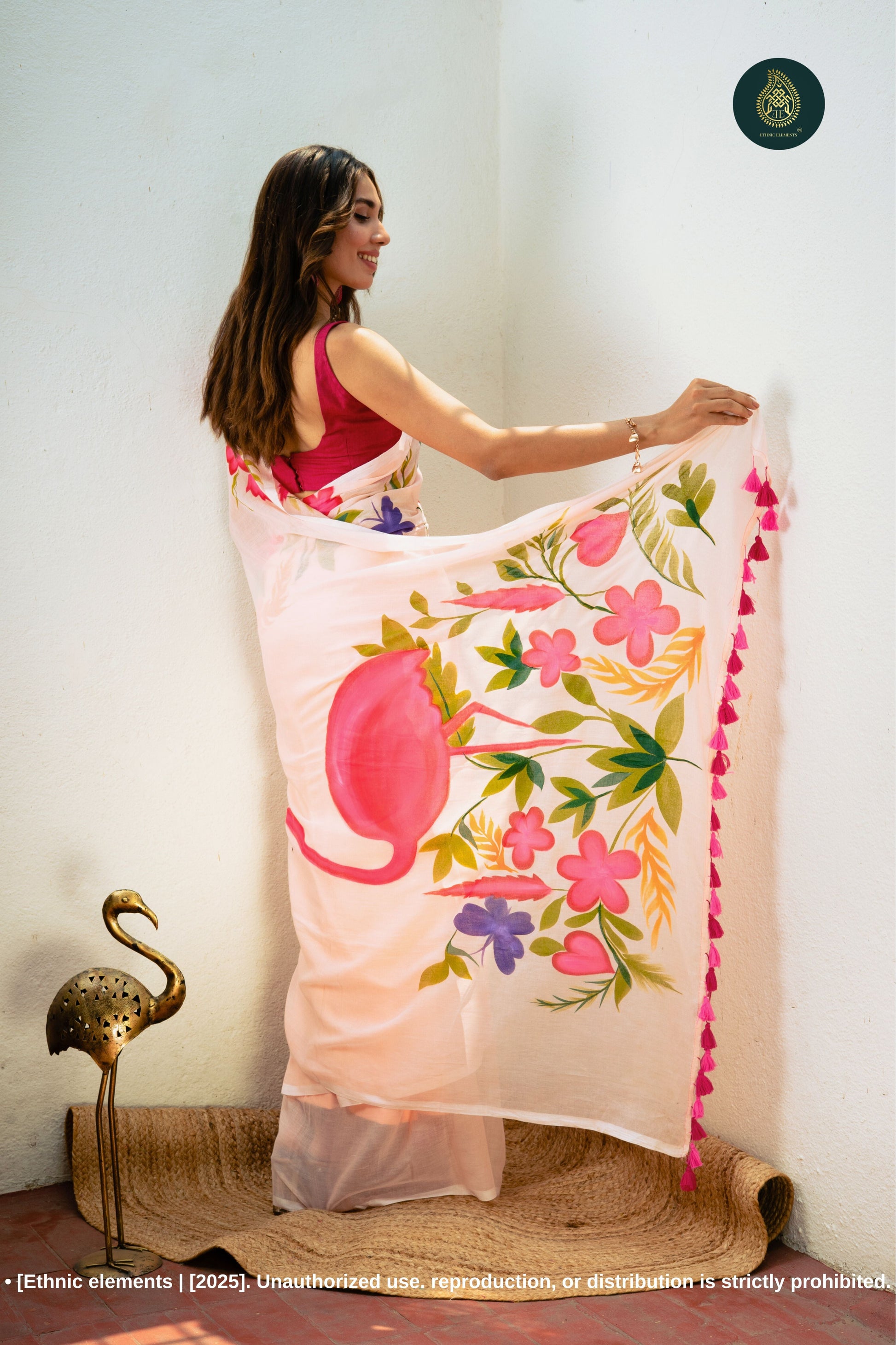 Chitramay - Hand Painted Mul Cotton Saree - Gulabi Rajhans