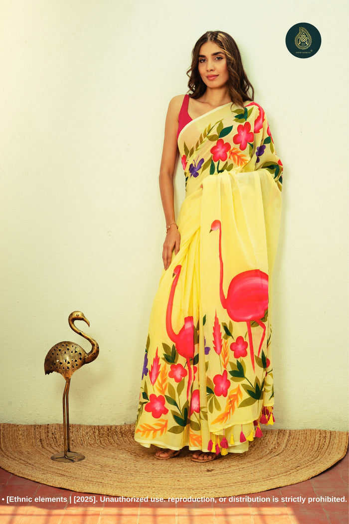 Chitramay - Hand Painted Mul Cotton Saree - Flamora