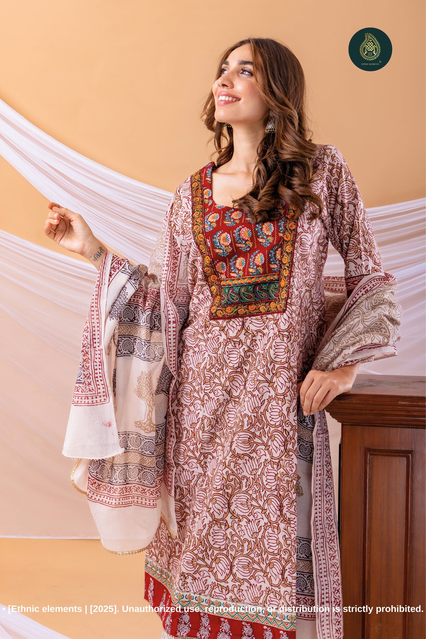 Embroidered Bagh Print Cotton Stitched 3pc Suit Set - Riwaaz