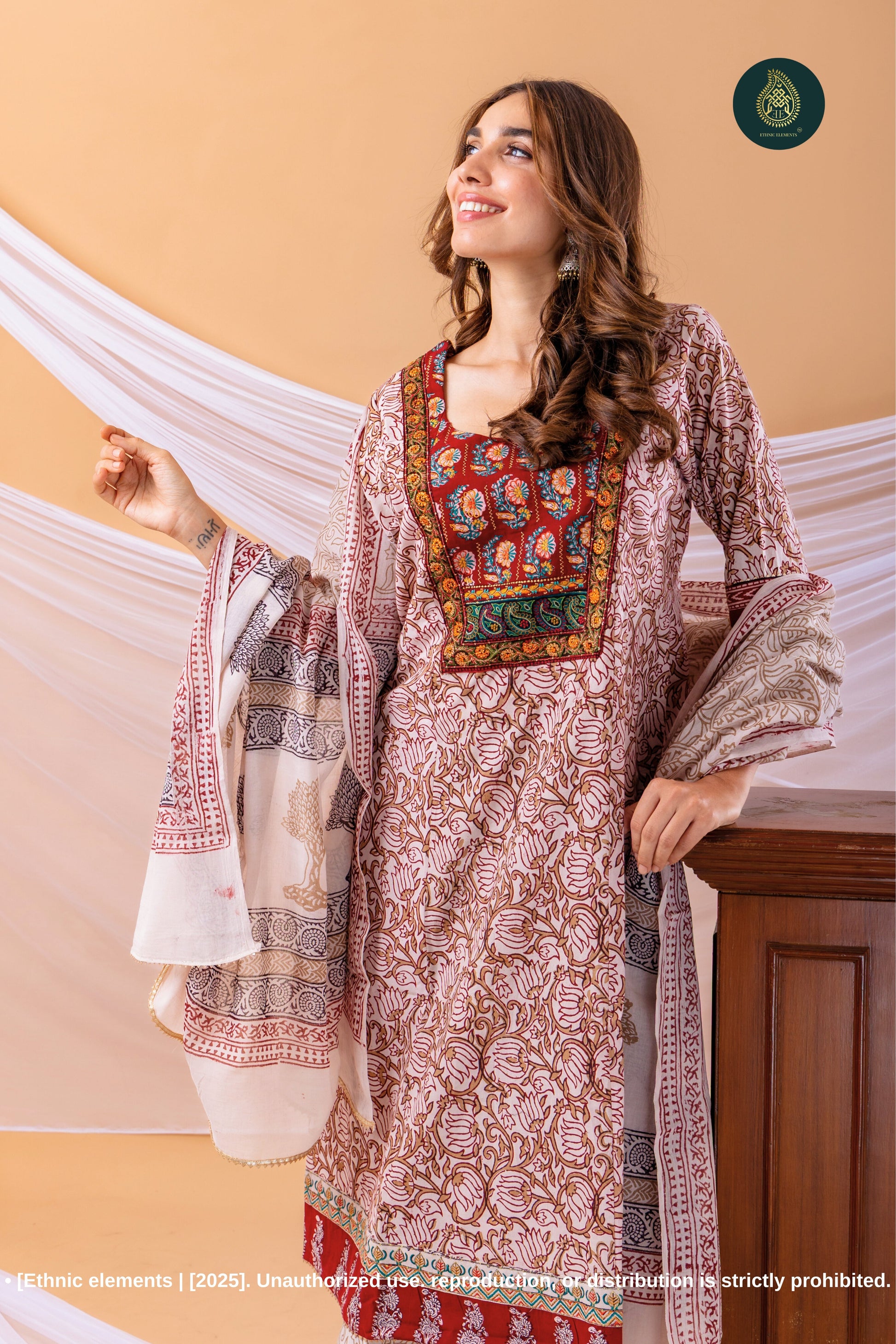 Embroidered Bagh Print Cotton Stitched 3pc Suit Set - Riwaaz