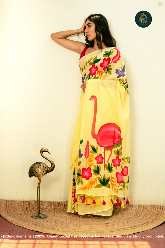 Chitramay - Hand Painted Mul Cotton Saree - Flamora
