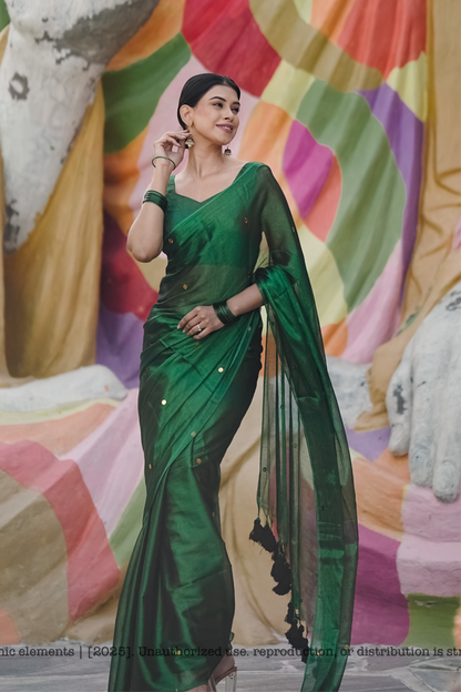 Mul Cotton Saree With Tissue - Emerald Whisper