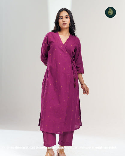 Stitched 2Pc Cotton Suit Set Wrap-Style : Royal Merlot
