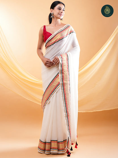 Off White Mul Cotton Saree with Woven Zari Border & Contrast Tassel Pallu
