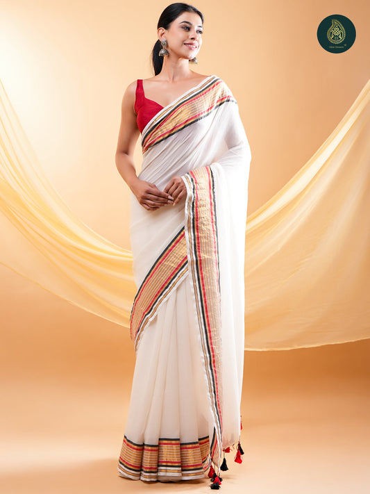 Off White Mul Cotton Saree with Woven Zari Border & Contrast Tassel Pallu