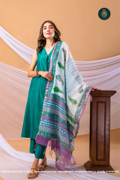 Stitched 3 Pc Cotton Silk Suit Set - Emerald Green