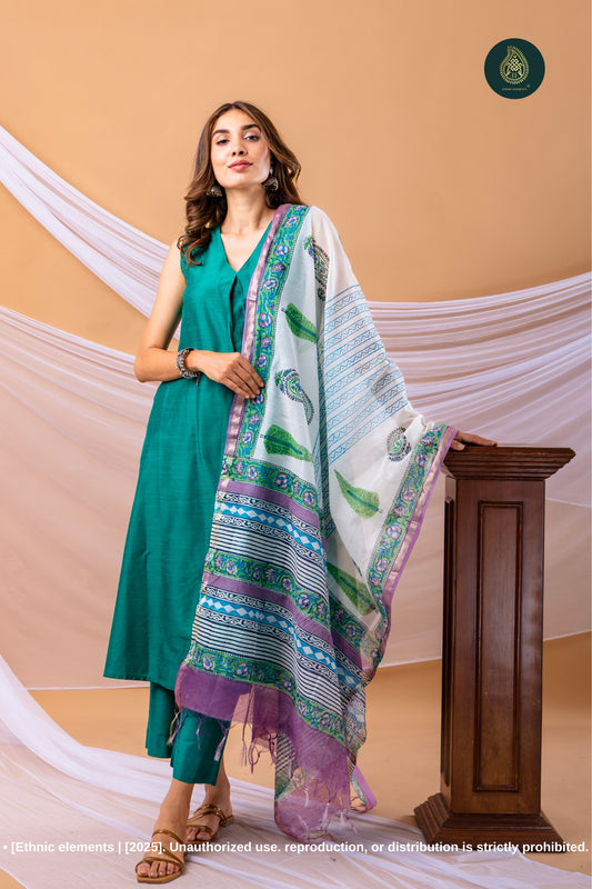 Stitched 3 Pc Cotton Silk Suit Set - Emerald Green
