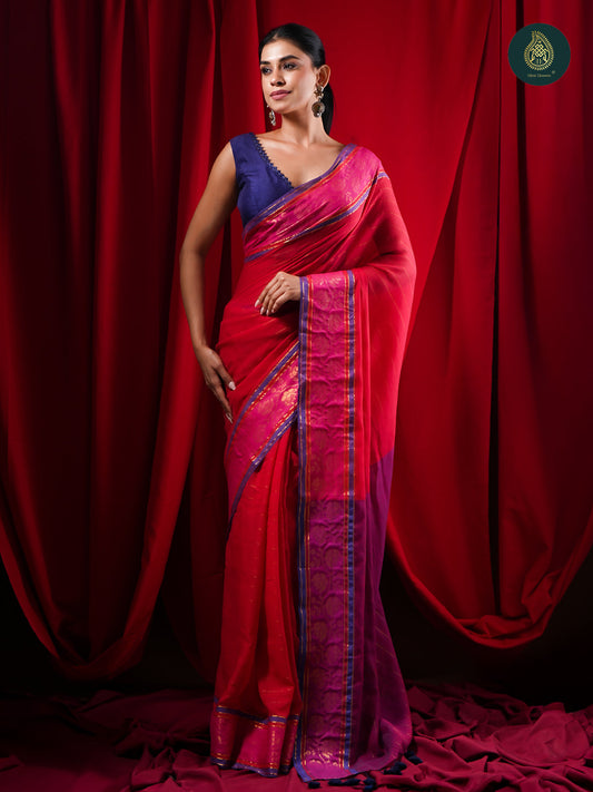 Rani Pink Mul Cotton Saree with Purple Contrast Pallu & Woven Border For Women