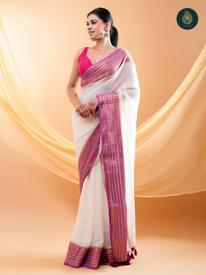 Ivory Mul Cotton Saree with Lavender & Gold Striped Border For women
