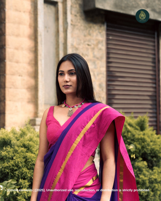 Mul Cotton Saree With Contrast Border Zari Aura - Raag Jamun