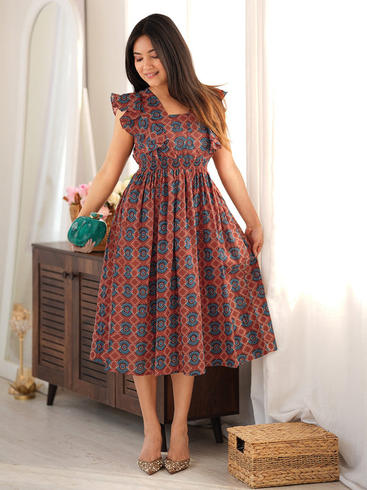 Janasya Women's Rust Pure Cotton Ethnic Motifs Printed Fit & Flare Dress