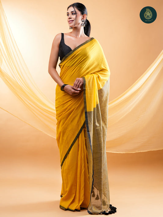 Radiant Mustard Yellow -  Mul Cotton Saree with Contrast Black Border