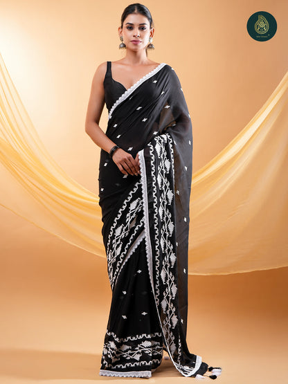 Black - Embroidery Mul Cotton Saree with Soft Tassel Finish