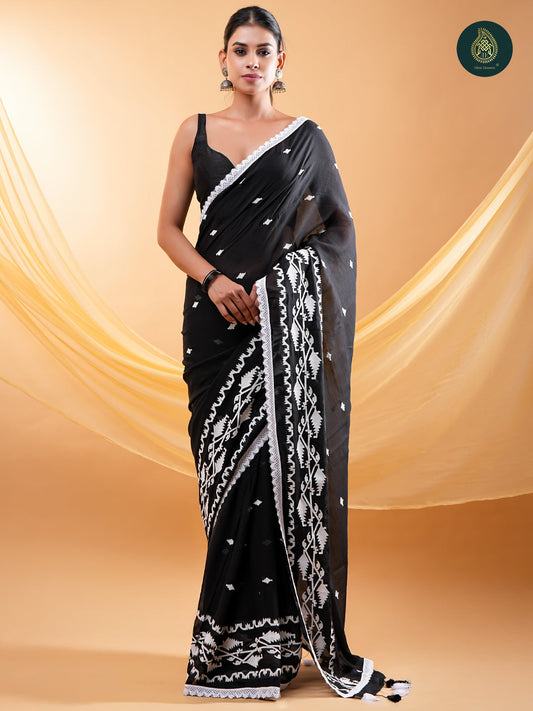 Black - Embroidery Mul Cotton Saree with Soft Tassel Finish