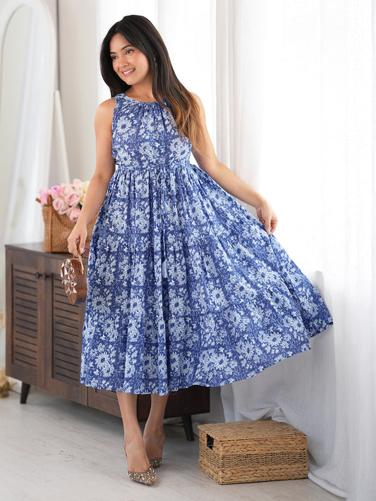 Janasya Women's Blue Pure Cotton Floral Printed Tiered Dress