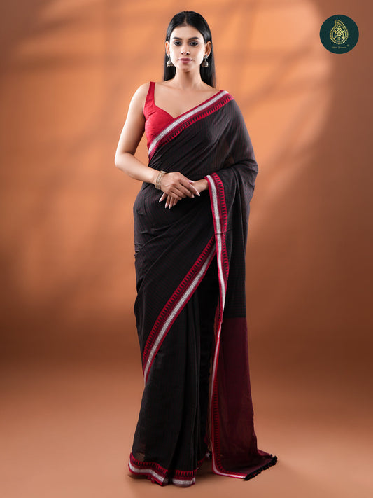 Black - Mul Cotton Saree with Temple Border & Silver Zari