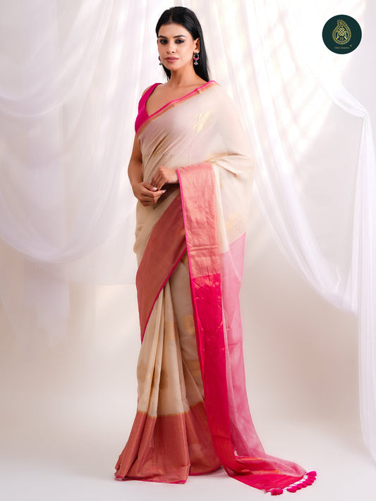 Elegant cream - Mul Cotton Saree with Zari Border with Traditional Buttis