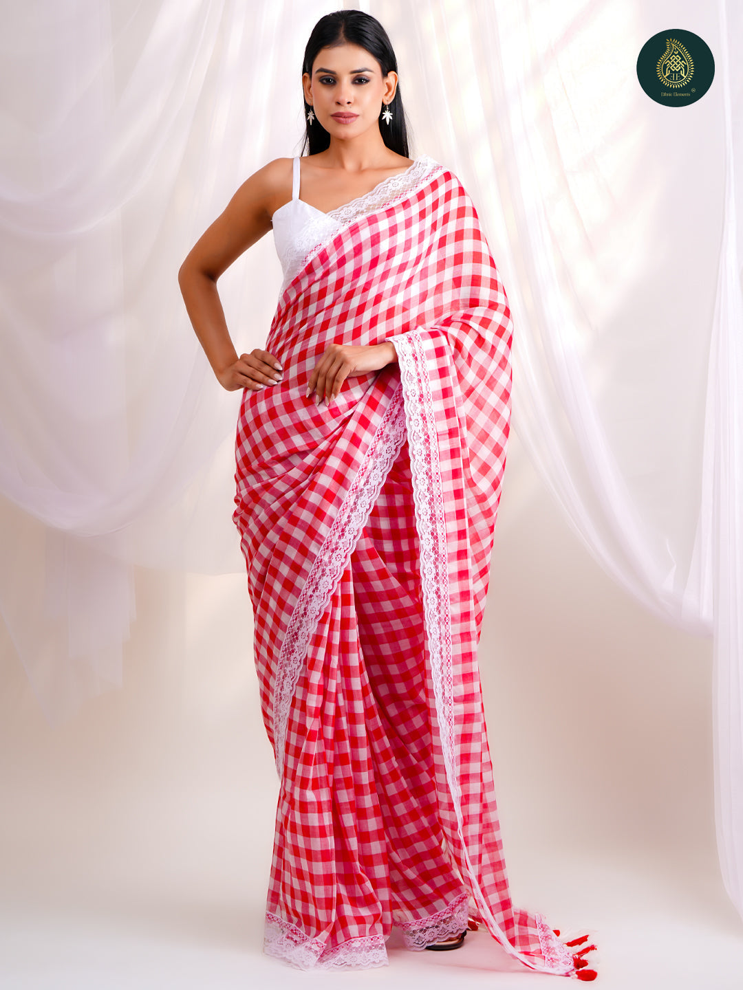 Cherry Red Mulmul Cotton Saree -Tassel Pallu