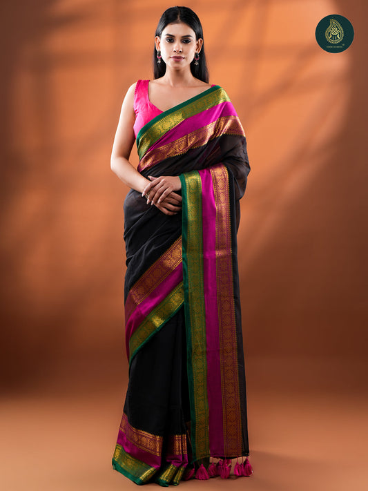 Black Mangalagiri Mul Cotton Loom Saree with Magenta & Green Zari Border For Women