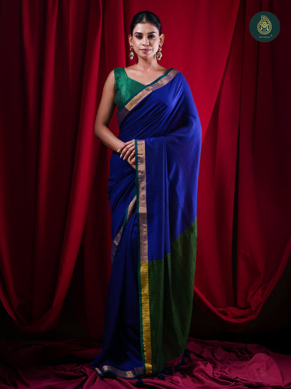 Royal Blue Pure Cotton Saree with Emerald Zari Border For Women