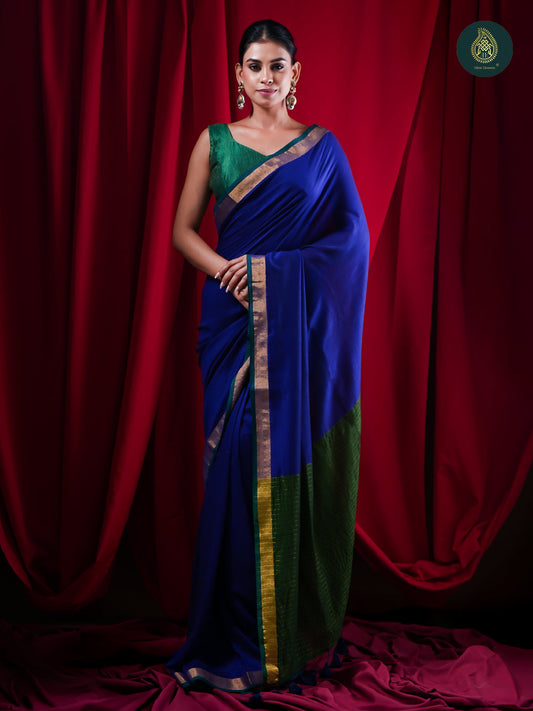 Royal Blue Pure Cotton Saree with Emerald Zari Border For Women