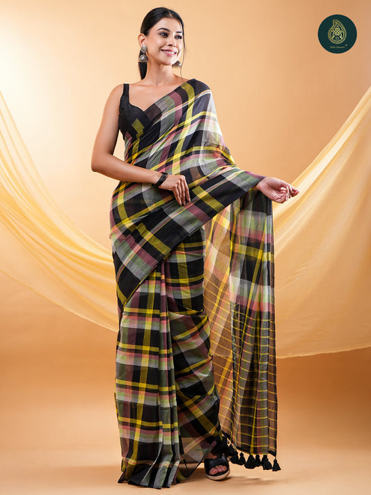Vibrant Multi-Colour Checked - Mul Cotton Saree with Handcrafted Tassels