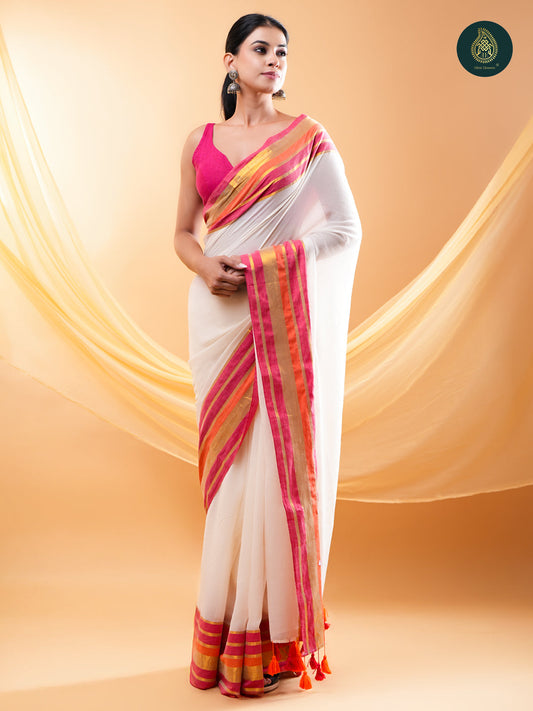 Ivory Mul Cotton Saree with Pink Orange & Gold Striped Border For women