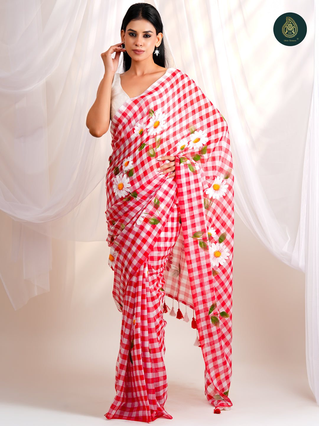 Crimson Red Checked Mul Cotton Saree with Hand-Painted Daisies