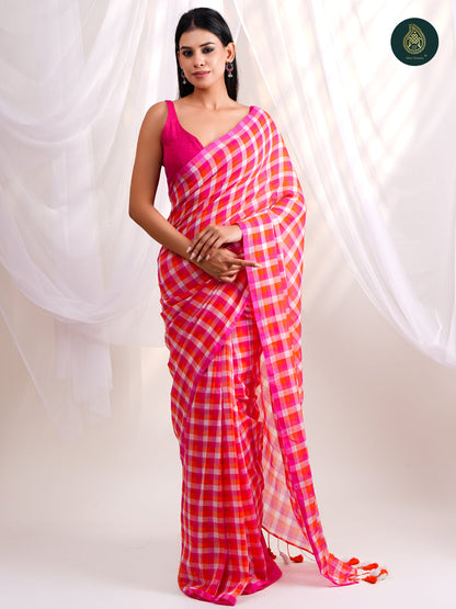 Bright Pink Mul Cotton Saree with Handcrafted Tassels For Women