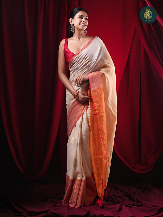 Ivory White Jamdani Zari Mul Cotton Saree For Women