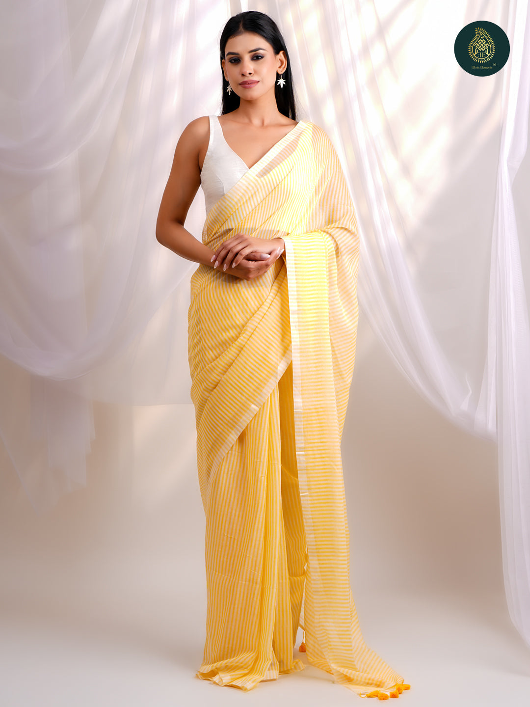 Fresh Yellow - Mul Cotton Saree with White Stripe Design