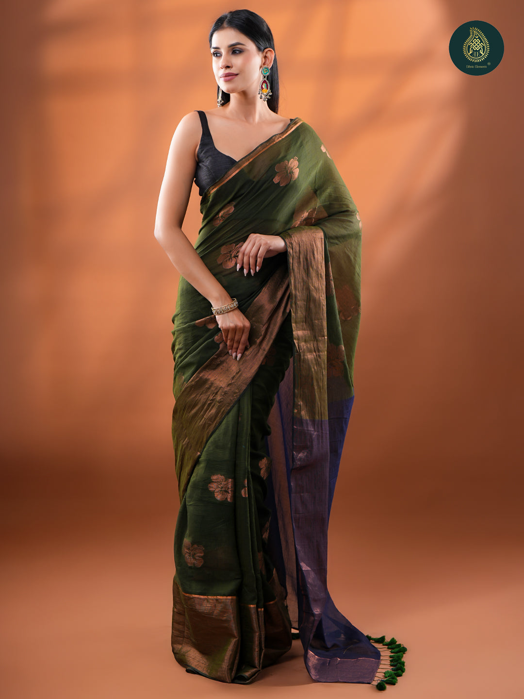Olive Green Mul Cotton Saree with Copper Zari Floral Buttis & Indigo Pallu For Women