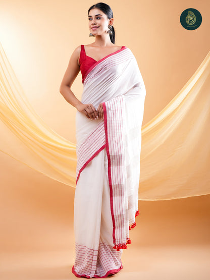 Elegant Red & White Colour Mul Cotton Saree with Striped