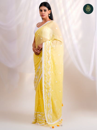 Luminous Yellow - Jamdani Embroidery Mul Cotton Saree with Soft Tassel Finish