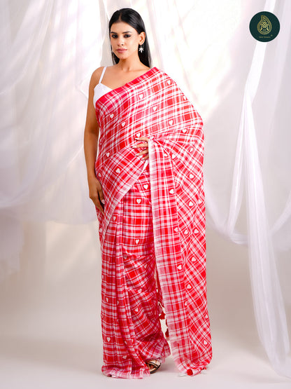Checks Heart Mulmul Cotton Saree -  Handpainted