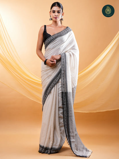 Stately Off-White -  Mul Cotton Saree with Traditional Temple Border