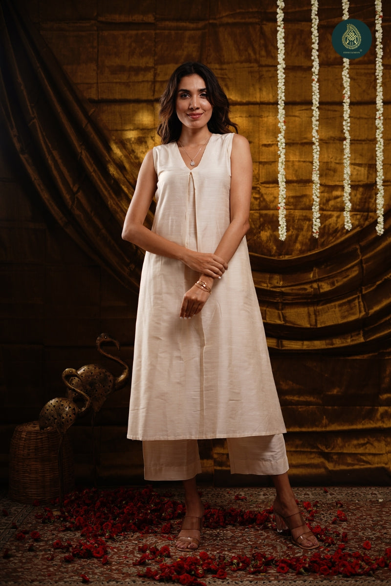 Stitched 2Pc Cotton Silk Suit Set - Pearl White