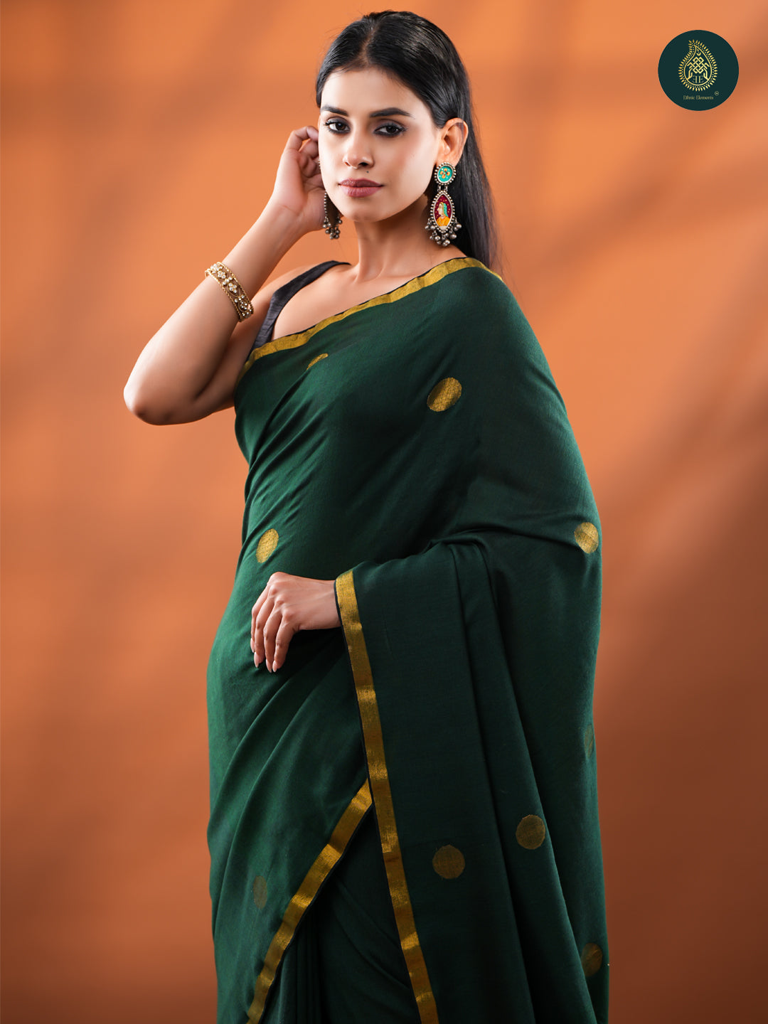 Forest Green Jamdani Zari Mul Cotton Saree with Gold Border & Tassels For Women