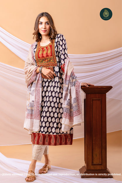 Virsa Embroidered Bagh Print Cotton Stitched 3Pc Suit Set