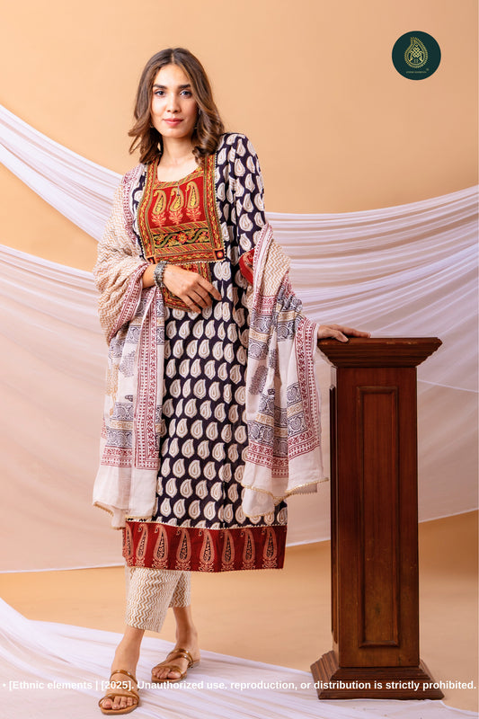 Virsa Embroidered Bagh Print Cotton Stitched 3Pc Suit Set