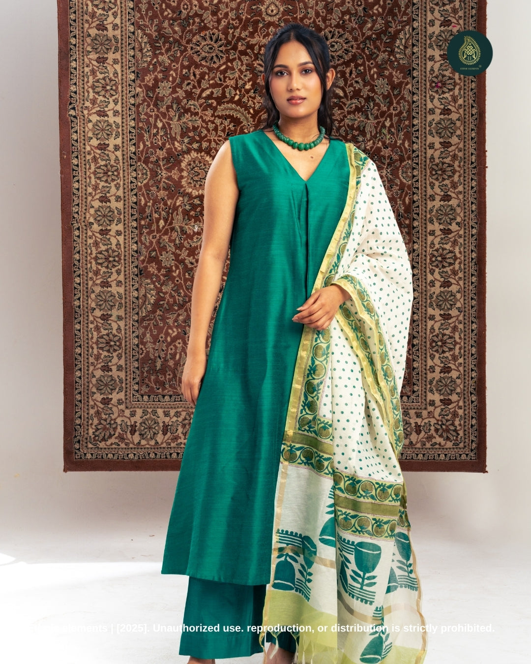 Sanganeri Stitched 3Pc Suit Set - Emerald Green