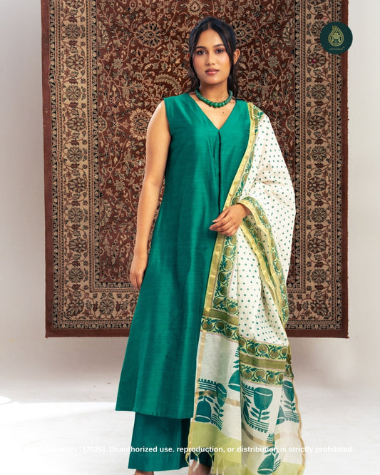 Sanganeri Stitched 3Pc Suit Set - Emerald Green