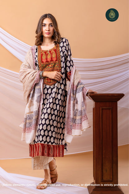 Virsa Embroidered Bagh Print Cotton Stitched 3Pc Suit Set
