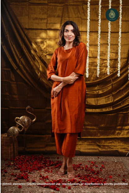Stitched 2Pc Cotton Silk Suit Set - Golden Tangerine